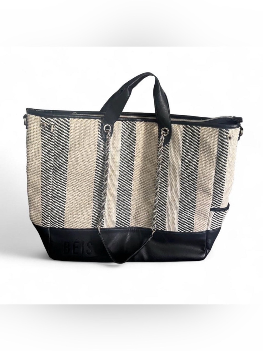 BEIS Black and Cream Striped Chain-Handle Tote inches 22 x 16